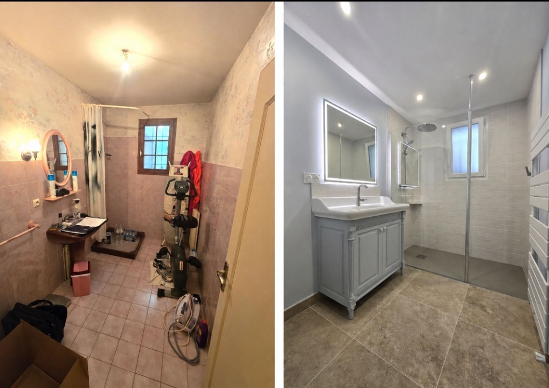 Rénovation complète de salle de bain à Nérac : douche à l'italienne et meuble vasque, avant et après