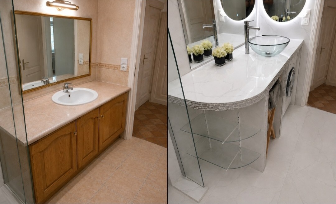 Rénovation de salle de bain : plan vasque en marbre et miroirs rétroéclairés, avant et après