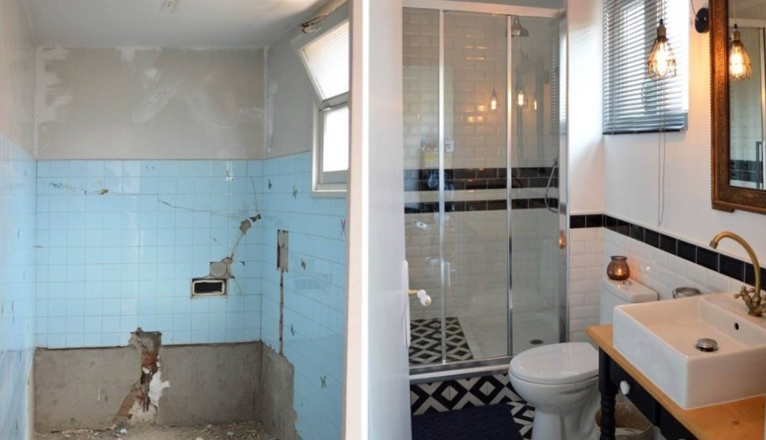 Rénovation de salle de bain avec douche carrelage métro et meuble suspendu, avant et après