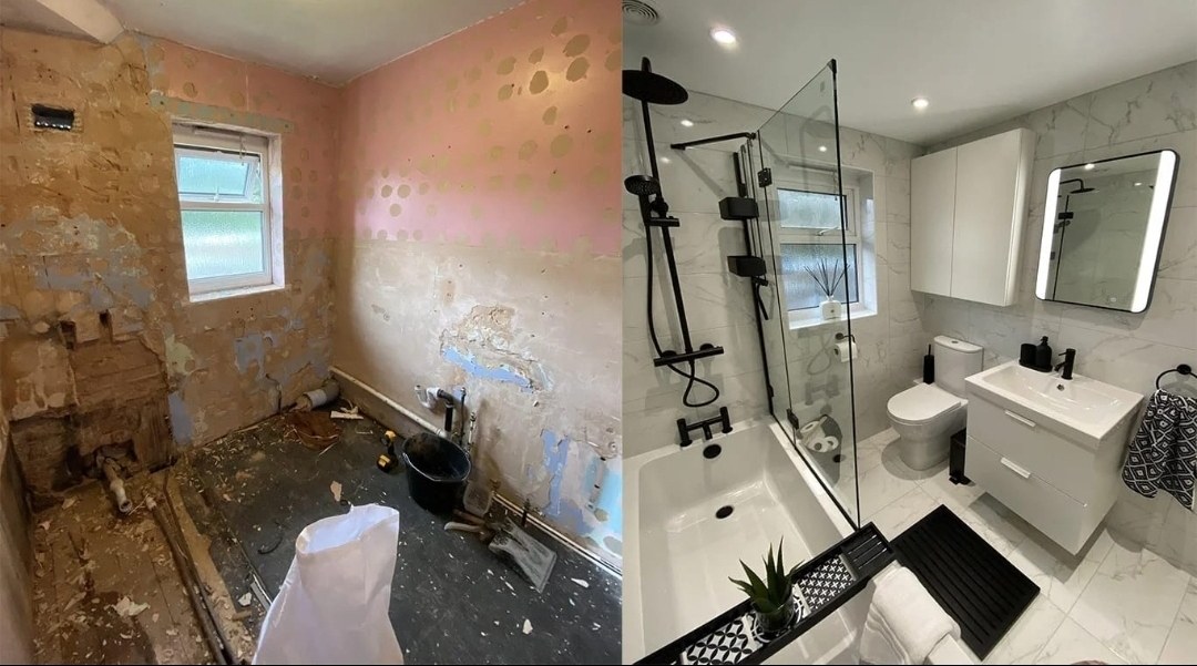 Rénovation de salle de bain moderne en marbre avec douche noire, avant et après
